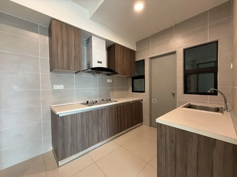 Kitchen features: brown wooden cabinetry, white countertop, stainless-steel sink, chrome pull-down faucet, built-in gas hob, stainless-steel range hood, grey tiled walls, cream tiled flooring, two windows, door to hallway; style: modern.