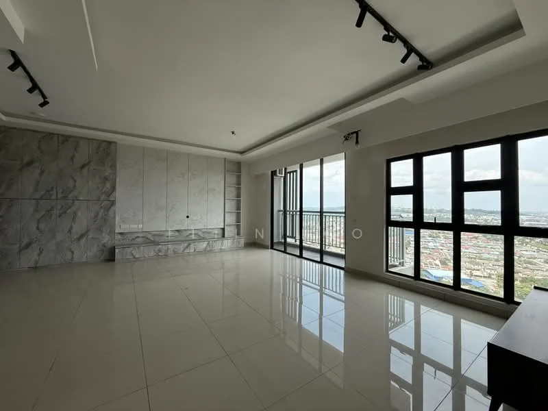 Living features: large floor-to-ceiling windows, marble accent wall, white painted walls, polished ceramic tile flooring, recessed LED downlights, open layout, balcony access, city view, built-in shelving, high ceiling, track lighting; style: modern; view: city.