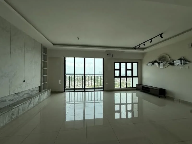 Living features: white painted walls, marble accent wall, large floor-to-ceiling windows, sliding glass door, polished tile flooring, recessed LED downlights, track lighting, built-in shelving, dark wood console, city view; style: modern; view: city.