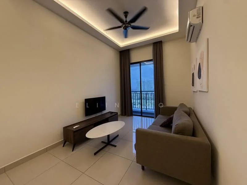 Living features: sofa in beige fabric, coffee table with round top, wall-mounted TV, TV console in wood, floor-to-ceiling windows, sliding glass door, curtains in grey, recessed downlights, ceiling fan with light, air conditioning unit, cream painted walls, tile flooring; style: modern; view: city.