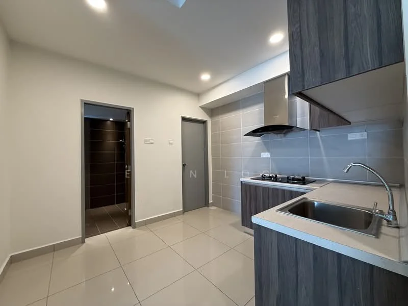 Kitchen features: grey cabinetry, stainless-steel sink, chrome pull-down faucet, granite countertop, ceramic tile backsplash, built-in oven, stainless-steel range hood, 4-burner gas hob, recessed LED downlights, white painted walls, glossy floor tiles, open layout; style: modern. Room features: grey door, white walls, tile flooring.