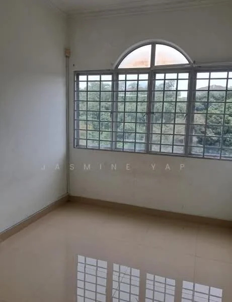 Room features: white painted walls, glossy tile flooring, arched window with multiple panes, view of greenery outside; view: garden.