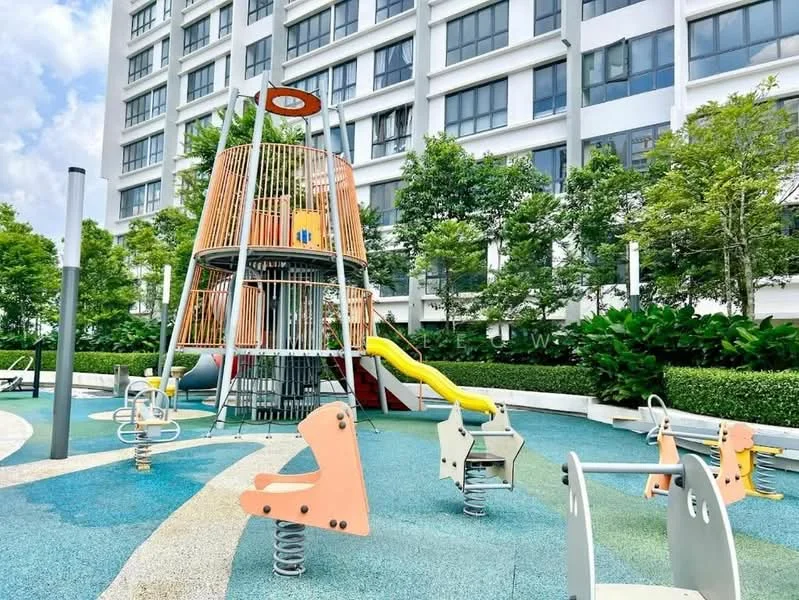 Exterior type: landscape garden; features: children's playground, play structure with slide, spring riders, rubberized flooring, manicured hedges, landscaped greenery, modern design playground equipment; style: modern.