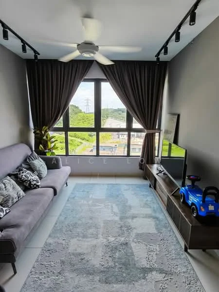 Living features: 3-seater fabric sofa in grey, decorative cushions, area rug with abstract pattern, wall-mounted TV, TV console in wood, floor-to-ceiling windows, sheer curtains, ceiling fan with light, indoor plant, blue toy car, grey painted walls, recessed lighting; style: modern; view: garden.