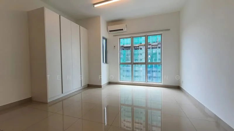 Room features: white painted walls, glossy ceramic tile flooring, floor-to-ceiling windows, sliding glass door, 1 wall-mounted split AC, built-in wardrobe with sliding doors, natural light from windows, neutral color scheme; style: modern; view: city.