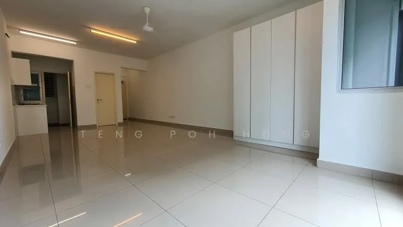 Room features: white painted walls, glossy ceramic tile flooring, ceiling fan, built-in wardrobe with sliding doors, large window, neutral color scheme, open layout, doorway leading to another room; style: modern.