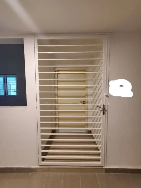 Room features: metal security grille door, plain white walls, light-colored door, tile flooring, wall-mounted window with horizontal slats, neutral color scheme, indirect lighting; style: modern.