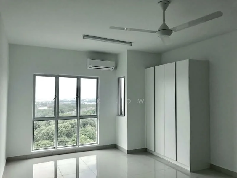 Bedroom features: white painted walls, glossy tile flooring, 5-blade ceiling fan with light, floor-to-ceiling windows, white built-in wardrobe, wall-mounted split AC, city view; style: modern; view: city.