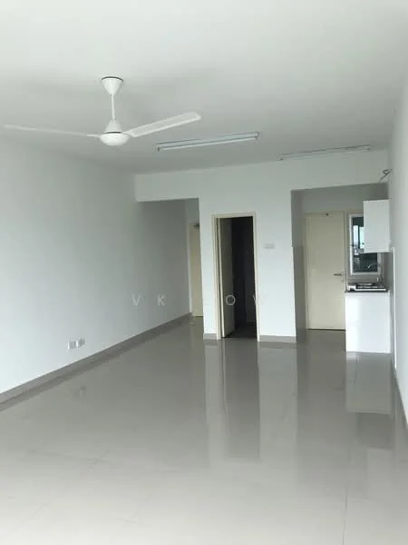 Living features: white painted walls, glossy ceramic tile flooring, 5-blade ceiling fan, recessed downlights, open layout, large windows, neutral color scheme, doorway leading to other rooms, kitchenette area with cabinets; style: modern.