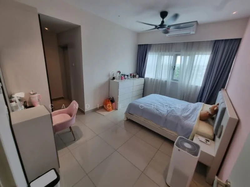 Bedroom features: queen-size bed with light blue bedding, upholstered headboard, 2 bedside tables, table lamp on bedside table, chest of drawers in white, floor-to-ceiling window with sheer curtains, ceiling fan, air conditioning unit, light pink accent wall, neutral tiled flooring, decorative items on dresser, pink accent chair; style: modern; view: garden. Room features: doorway leading to hallway, white walls.