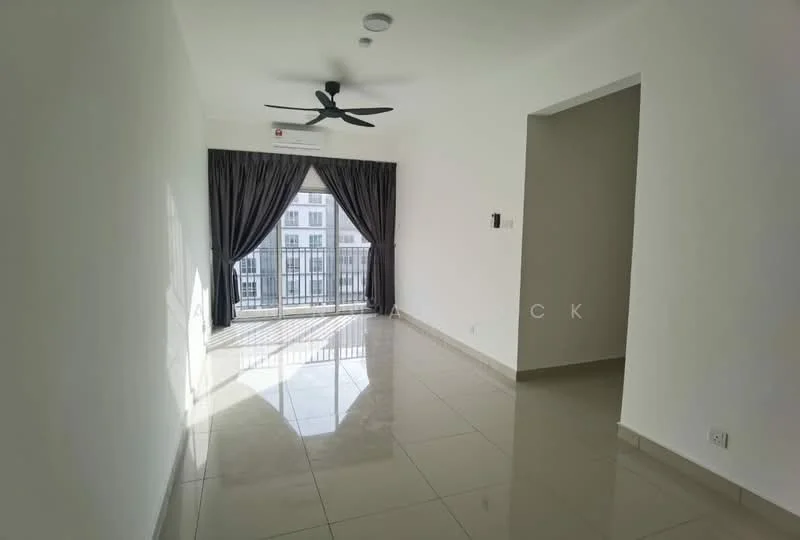 Living features: white painted walls, glossy ceramic tile flooring, 5-blade ceiling fan with light, floor-to-ceiling windows, blackout curtains, balcony access, air conditioning unit, natural light from windows; style: modern; view: city.