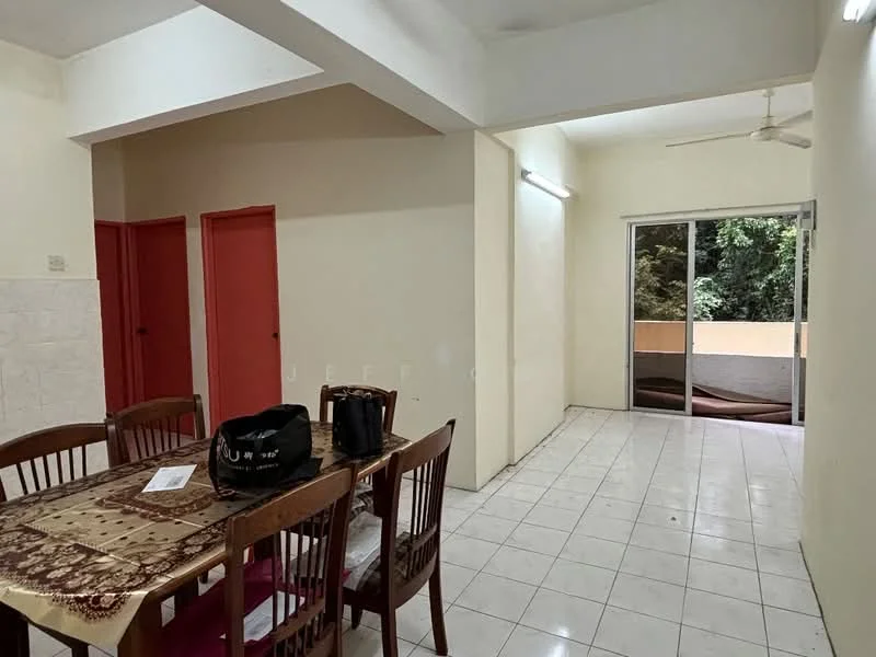 Dining features: dining table with 6 wooden chairs, white tiled flooring, cream painted walls, ceiling fan, sliding glass door, view of greenery, decorative tablecloth, light fixture on ceiling; view: garden. Room features: 2 red doors, white walls, no visible furniture, natural light from sliding door.