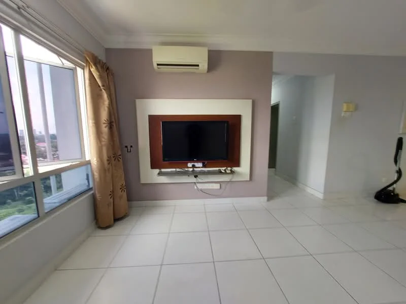 Living features: white painted walls, light grey accent wall, large windows with city view, white tiled flooring, wall-mounted TV, wooden TV console, 1 wall-mounted split AC, curtains, recessed lighting; style: modern; view: city.