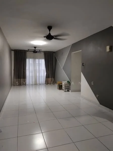 Living features: white tiled flooring, grey accent wall, cream painted walls, 5-blade ceiling fan, floor-to-ceiling windows, sheer curtains, recessed downlights, decorative wall design; style: modern.