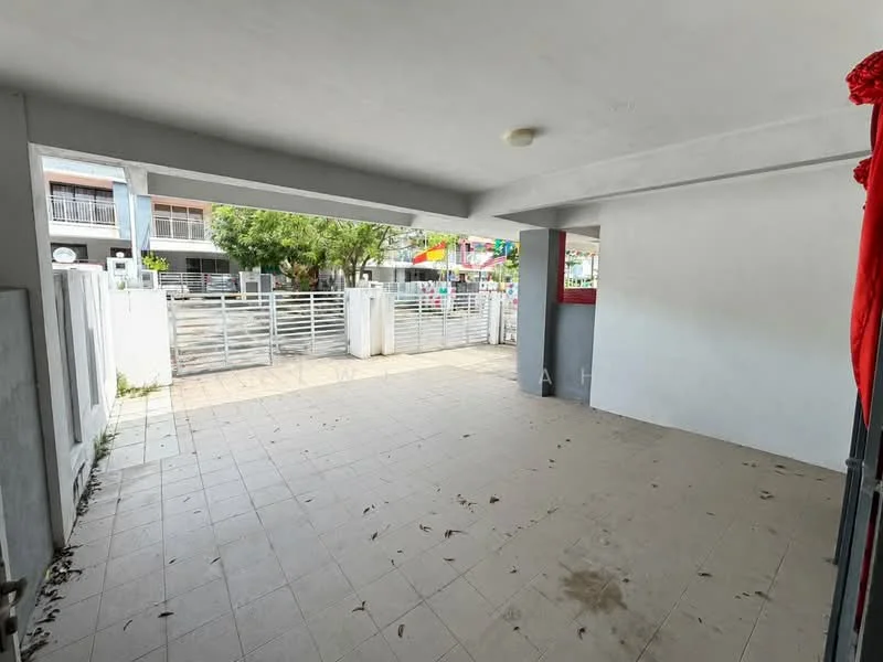 Exterior features: tiled flooring, white painted walls, covered area, fenced perimeter, open space, visible street view, manicured landscaping, entrance gate; style: modern.
