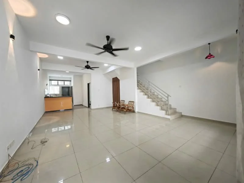 Living features: white painted walls, glossy ceramic tile flooring, 2 ceiling fans, recessed downlights, staircase with light-colored steps, open layout, large windows for natural light, kitchen area visible in background; style: modern.