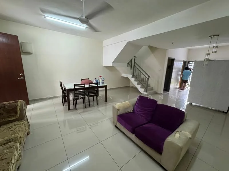 Living features: purple fabric sofa, cream fabric sofa, dining table with four chairs, white tiled flooring, ceiling fan, wall-mounted air conditioning unit, staircase leading to upper floor, large window for natural light, decorative wall panel, light fixture, neutral painted walls; style: modern.