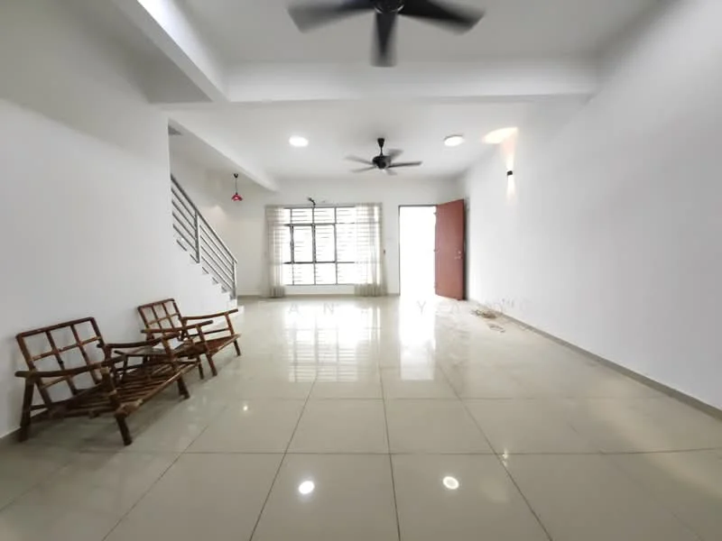 Living features: white painted walls, polished ceramic tile flooring, 2 ceiling fans, recessed downlights, large windows with sheer curtains, main entrance door, staircase with metal railing, natural light from windows; style: modern.