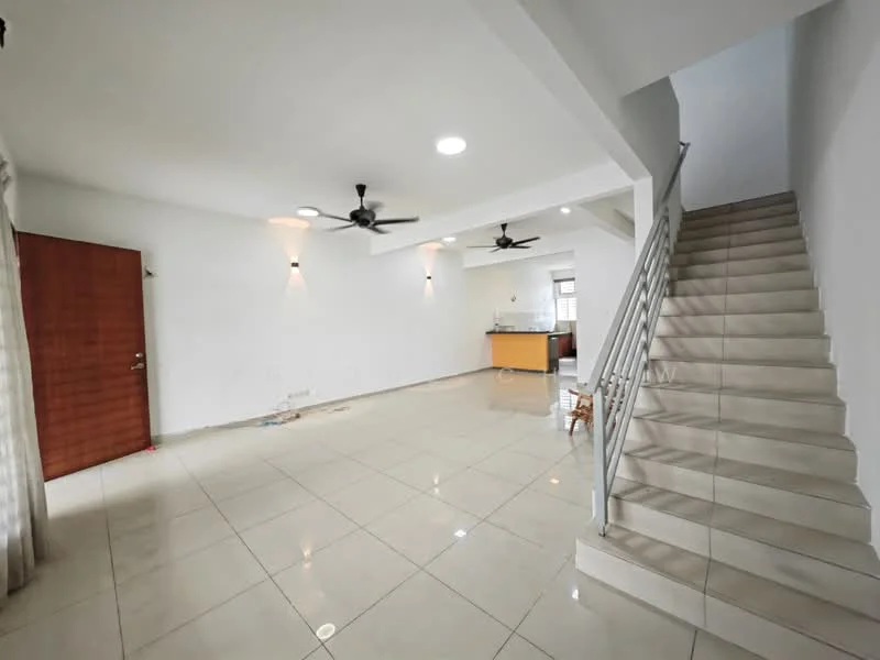 Living features: white painted walls, glossy ceramic tile flooring, 2 ceiling fans, recessed downlights, staircase with metal railing, large windows with sheer curtains, open layout, neutral color palette; style: modern.