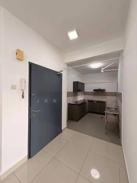 Kitchen features: white painted walls, glossy beige floor tiles, ceiling light fixture, dark wood cabinetry, stainless-steel sink, countertop with backsplash, kitchen appliances visible, open layout, wall-mounted kitchen shelf; style: modern. Room features: white painted walls, glossy beige floor tiles, main entrance door, intercom system.
