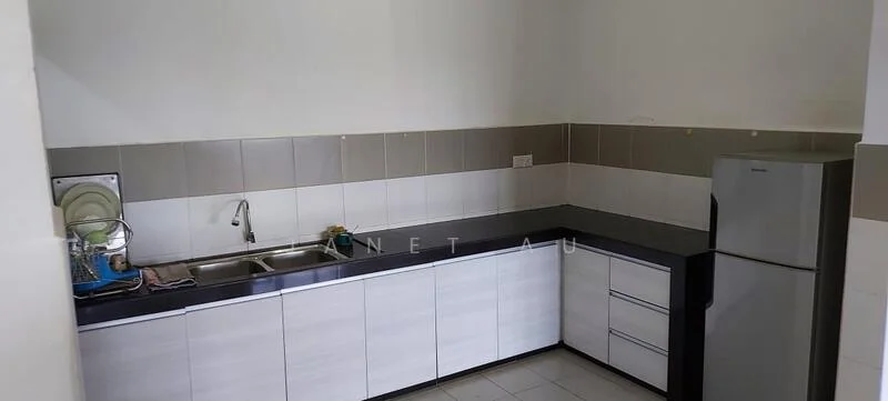 Kitchen features: double-bowl stainless-steel sink, chrome pull-down faucet, black granite countertop, white cabinetry with flat-panel design, built-in refrigerator, white tiled backsplash, grey tiled wall, white tiled flooring; style: modern.