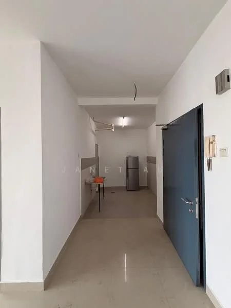Room features: white painted walls, tile flooring, ceiling with exposed light fixtures, door with metallic handle, kitchenette area with sink, refrigerator, open layout, neutral color scheme; style: modern.