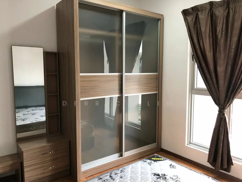 Bedroom features: wooden flooring, light brown wooden wardrobe with sliding doors, full-length mirror, brown bedside table, black and white patterned mattress, curtains in dark brown, two windows with white frames; style: modern.