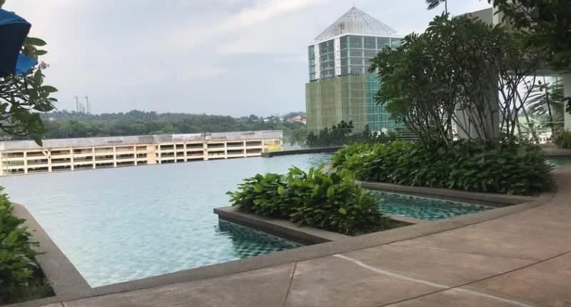 Exterior type: swimming pool deck; features: infinity pool, surrounding greenery, stone-paved walkway, landscaped garden beds, view of city skyline, glass facade building in background, multi-storey car park visible, tropical landscaping; style: modern.