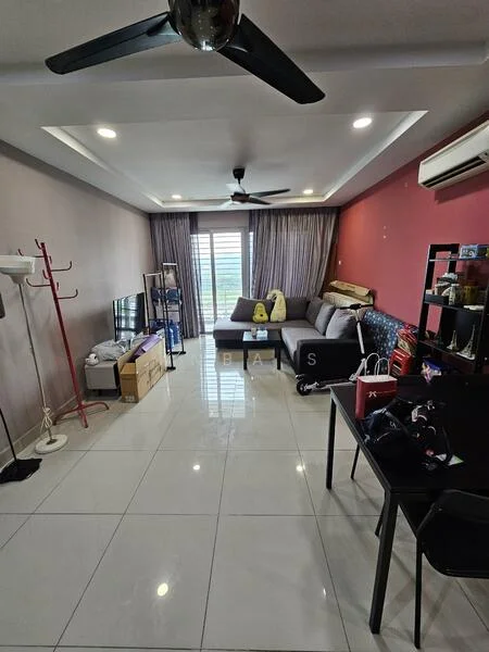 Living features: white painted walls, grey accent wall, polished ceramic tile flooring, 5-blade ceiling fan with light, floor-to-ceiling windows, sliding glass door, curtains, sofa in grey, coffee table, TV console, wall-mounted TV, decorative items on shelves, open shelving unit, area rug; style: modern; view: city.