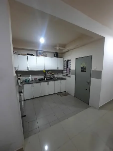 Kitchen features: white cabinetry, grey countertop, stainless-steel sink, chrome faucet, built-in oven, microwave, ceramic tile flooring, recessed downlights, window with horizontal blinds, kitchen utensils on countertop, door to utility area; style: modern.