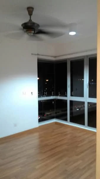 Room features: wooden flooring, white painted walls, 5-blade ceiling fan, recessed downlights, floor-to-ceiling windows, city view; style: modern; view: city.