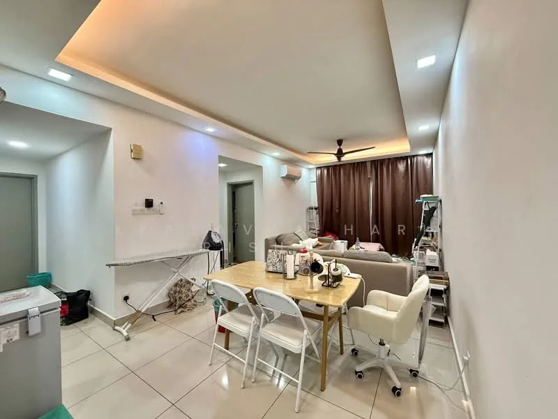 Living features: white painted walls, recessed ceiling with LED lighting, cream tiled flooring, 5-blade ceiling fan, large brown curtains, sofa in light color, dining table with white chairs, ironing board, wall-mounted air conditioning unit, decorative items on table; style: modern.