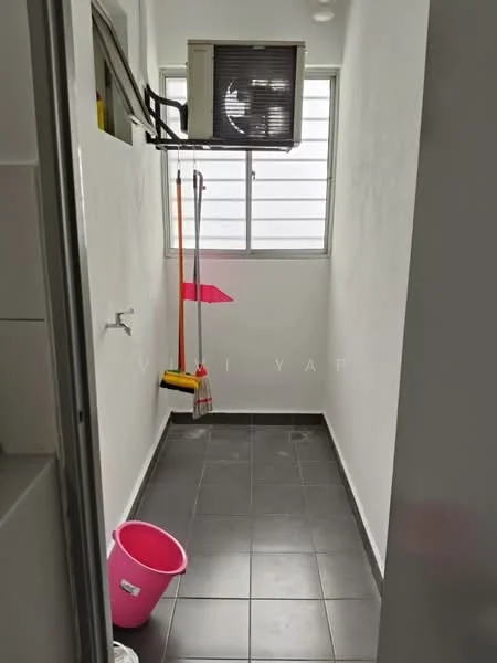 Laundry features: white painted walls, black tile flooring, 1 wall-mounted split AC, window with horizontal slats, sink with faucet, broom, mop, pink bucket, cleaning supplies, shelf for storage.