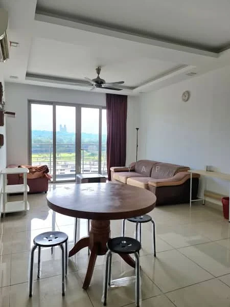 Living features: floor-to-ceiling windows, 3-blade ceiling fan, sofa in beige, round dining table, 3 metal stools, white walls, tile flooring, recessed ceiling with lighting, curtains in dark purple, decorative wall clock; style: modern; view: city.