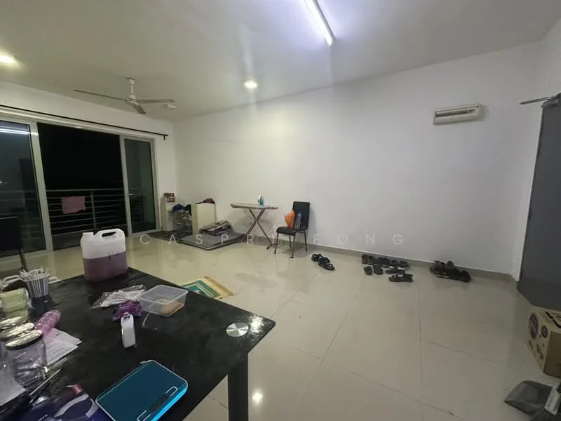 Room features: white painted walls, polished ceramic tile flooring, ceiling with fluorescent lighting, 1 wall-mounted split AC, sliding glass door, floor-to-ceiling windows, balcony access, folding table, black chair, various personal items on the floor; style: minimalist.