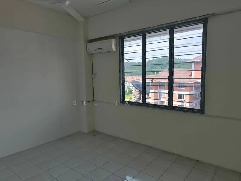 Room features: white painted walls, ceramic tile flooring, 1 wall-mounted split AC, floor-to-ceiling windows, window with horizontal bars, mountain view, natural light, no visible furniture; view: mountain.