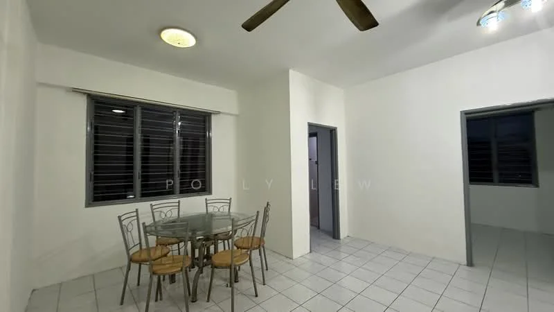 Dining features: round dining table, metal dining chairs with wooden seats, white tiled flooring, white painted walls, ceiling fan, recessed ceiling light, window with horizontal blinds; style: minimalist. Room features: white painted walls, white tiled flooring, doorway leading to another room.