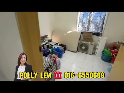 Room features: white painted walls, glossy tile flooring, window with sheer curtains, wall-mounted air conditioning unit, various boxes and bags, mattress on the floor, plastic storage bins, cluttered space.