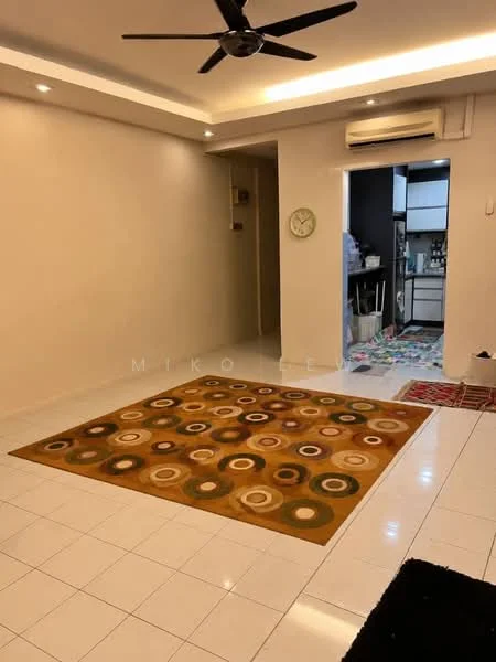Living features: white painted walls, glossy white tile flooring, 5-blade ceiling fan with light, recessed downlights, area rug with circular pattern, wall clock, air conditioning unit, open layout to kitchen; style: modern. Kitchen features: kitchen cabinetry, countertop, appliances visible in background.