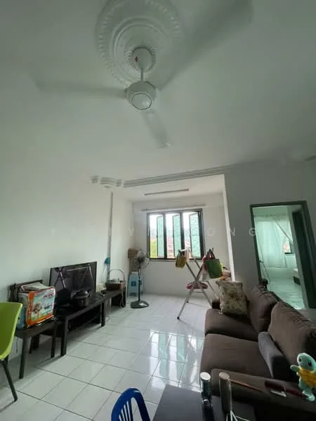 Living features: 3-seater fabric sofa in brown, coffee table, wall-mounted TV, TV console, ceiling fan, white painted walls, white tiled flooring, floor-to-ceiling windows, greenery view, decorative items on shelves; style: modern; view: garden.