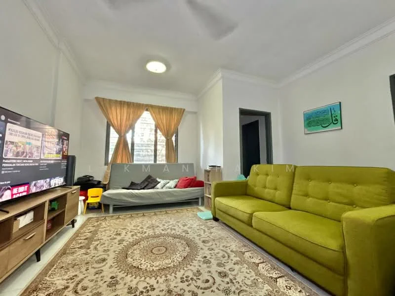Living features: green fabric sofa, 3-seater sofa, area rug with intricate pattern, wall-mounted TV, TV console with storage, floor-to-ceiling window, sheer curtains, ceiling fan, light fixture, decorative wall art, grey sofa bed, wooden flooring; style: modern; view: city.