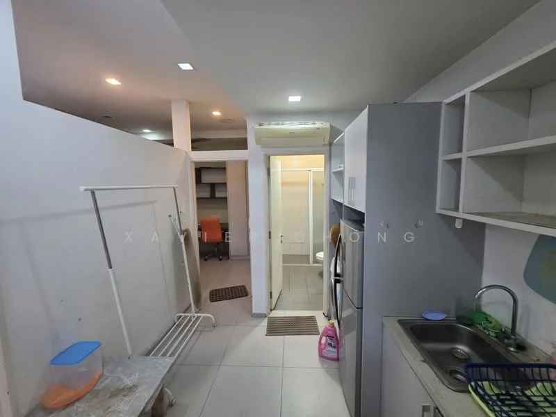 Kitchen features: grey cabinetry, stainless-steel fridge, single-bowl stainless-steel sink, chrome pull-down faucet, grey countertop, ceramic tile flooring, white walls, recessed downlights, open shelving, wall-mounted air conditioning unit; style: modern. Room features: white walls, ceramic tile flooring.