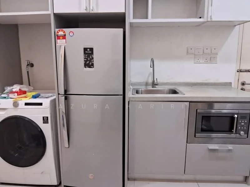 Kitchen features: stainless-steel fridge, single-bowl stainless-steel sink, chrome pull-down faucet, built-in microwave, white cabinetry, grey countertop, front-load washing machine, tile flooring; style: modern.