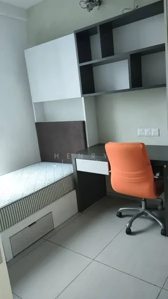 Room features: single bed with mattress, built-in wardrobe with white doors, study desk with drawer, orange office chair on wheels, grey accent wall, light grey tiled flooring, wall-mounted light fixture, power outlets on the wall; style: modern.