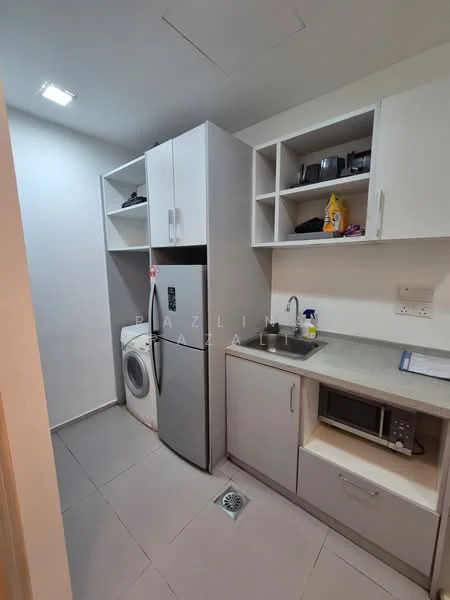 Laundry features: white cabinetry, grey countertop, stainless-steel fridge, front-load washing machine, microwave, tile flooring, recessed downlights, open shelving, sink with faucet, ventilation grill; style: modern.