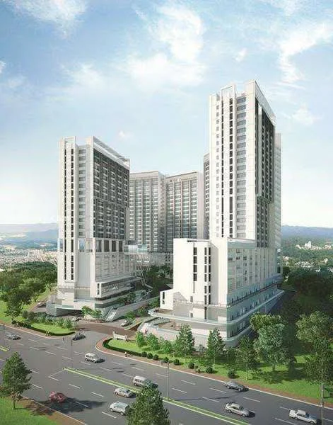 Exterior type: high-rise condominium; features: glass curtain wall, white painted facade, multiple towers, landscaped gardens, surrounding greenery, driveway with interlocking pavers, parking deck, balconies on upper floors, modern architectural design; style: modern.