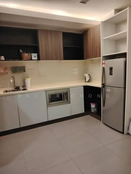 Kitchen features: single-bowl stainless-steel sink, chrome pull-down faucet, laminate countertop, grey cabinetry with flat-panel design, wood cabinetry with upper shelves, built-in microwave, freestanding stainless-steel fridge, ceramic tile flooring, white tiled backsplash, open shelving, kitchen appliances visible; style: modern.