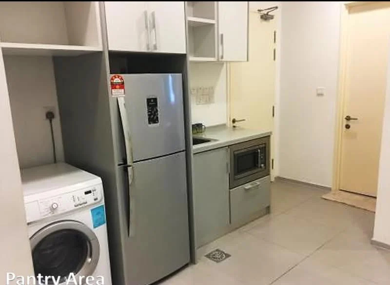 Kitchen features: stainless-steel fridge, built-in microwave, grey cabinetry, white countertops, washing machine, tile flooring, single-bowl stainless-steel sink, chrome pull-down faucet, wall-mounted cabinet, door leading to hallway; style: modern.