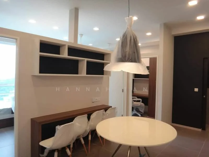 Dining features: round white dining table, 4 white plastic dining chairs, wooden sideboard, black accent wall, white painted walls, recessed downlights, pendant light fixture, large window with city view, tile flooring; style: modern; view: city. Room features: open shelving, doorway leading to another room.