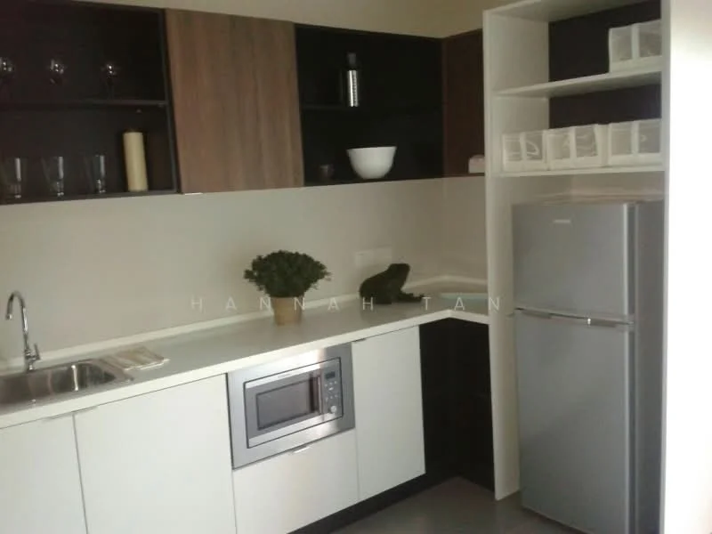 Kitchen features: single-bowl stainless-steel sink, chrome pull-down faucet, white laminate countertop, white cabinetry, dark wood upper cabinets, built-in microwave, stainless-steel fridge, open shelving, glassware on display, decorative plant, tile backsplash, grey tile flooring; style: modern.